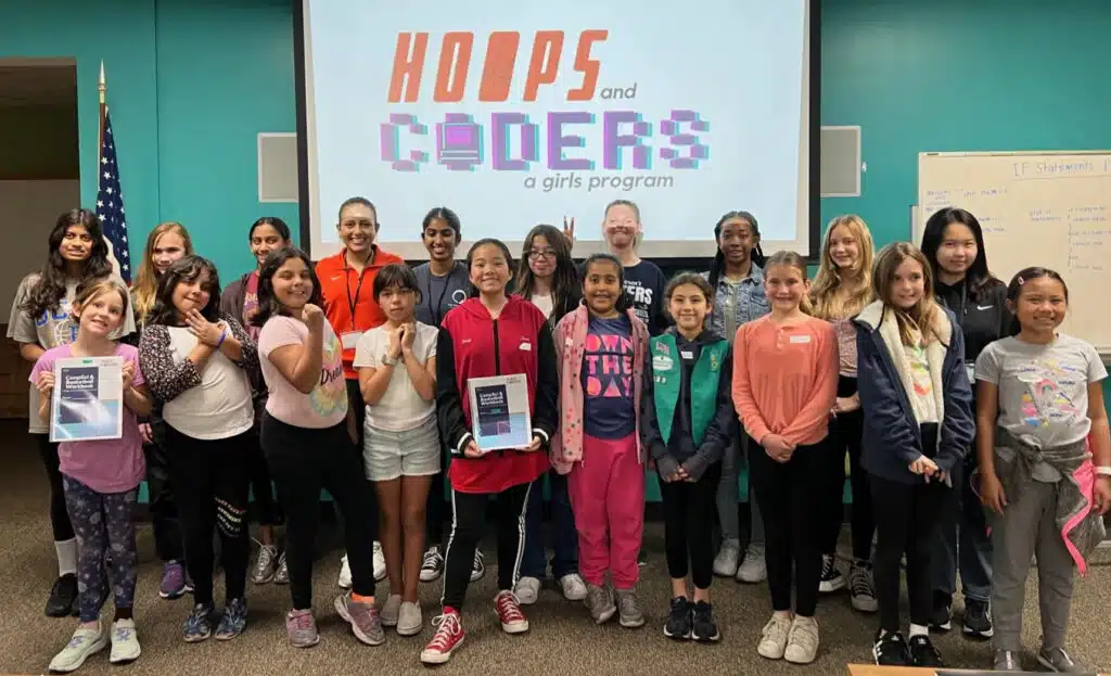 Nineteen Orange County Girl Scouts ages 9 to 12 were introduced to the fundamentals of computer science and basketball at a Hoops & Coders workshop conducted by 2022 Dragon Kim Foundation Fellows Gabrielle DeCuir and Shrika Andhe, both juniors at Placentia’s Valencia High School. (Photo by Gabrielle DeCuir)