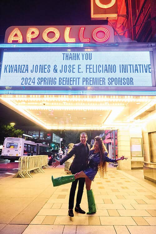 Feliciano and Jones at the Apollo’s 2024 spring benefit, more than 30 years after Jones first performed at the famed theater.Courtesy of Kwanza Jones ’93 and José E. Feliciano ’94